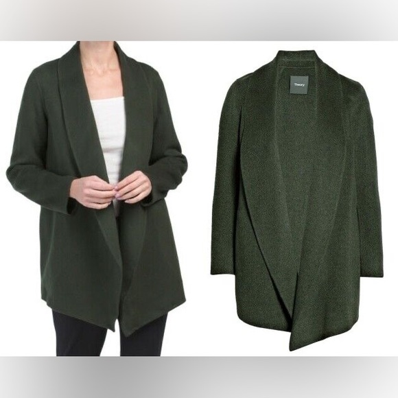 NWT $595 Theory Sileena Shawl Winsome 2 Wool-Cashmere Coat Forest Green - Picture 1 of 5